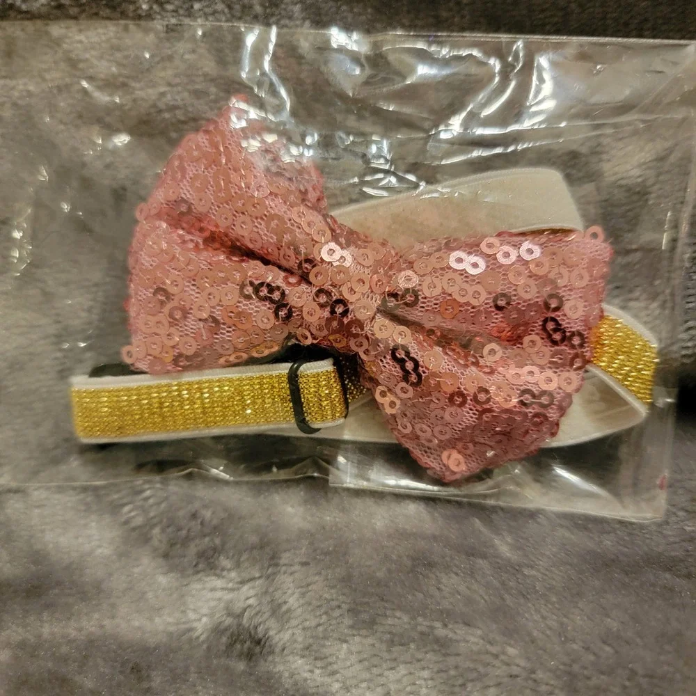 Sequin Bow Tie Kids OS Pink New Pink/Gold Metallic Adjustable Strap.